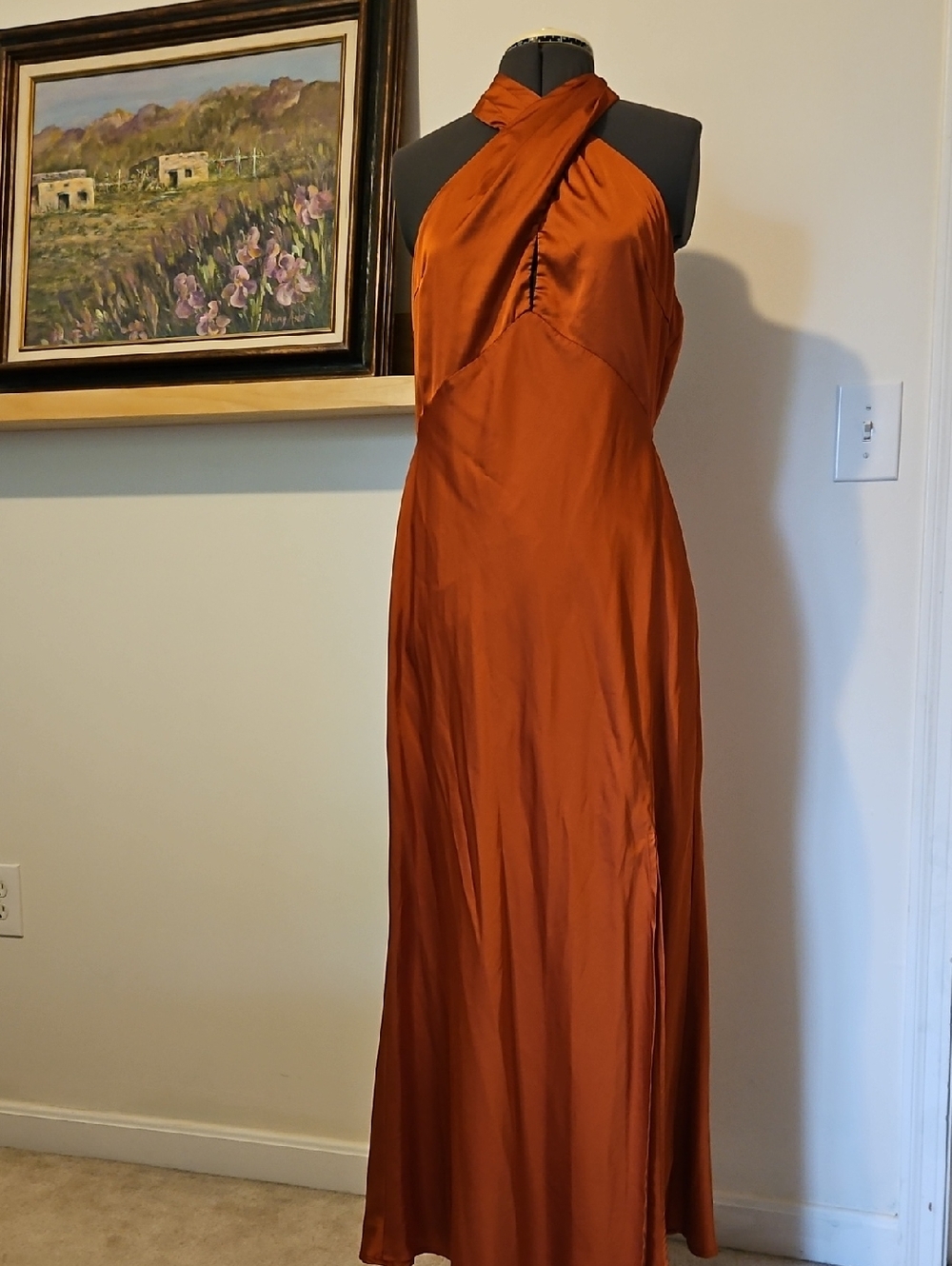 Astr Rust Orange Satin Halter Maxi Dress